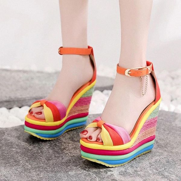 

2020 women's 13cm wedges sandals fashion platform high heels multicolor patchwork rainbow sandals ladies peep toe roman shoes #3t2c, Black
