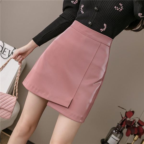 

skirts 2021 winter autumn asymmetrical pu leather mini young style high waist pink black fashion female chic skirt