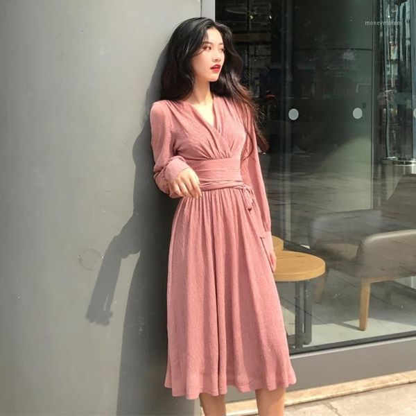 

casual dresses solid long sleeve holiday dress female high waist autumn korean fashion v-neck lace-up ladies1, Black;gray