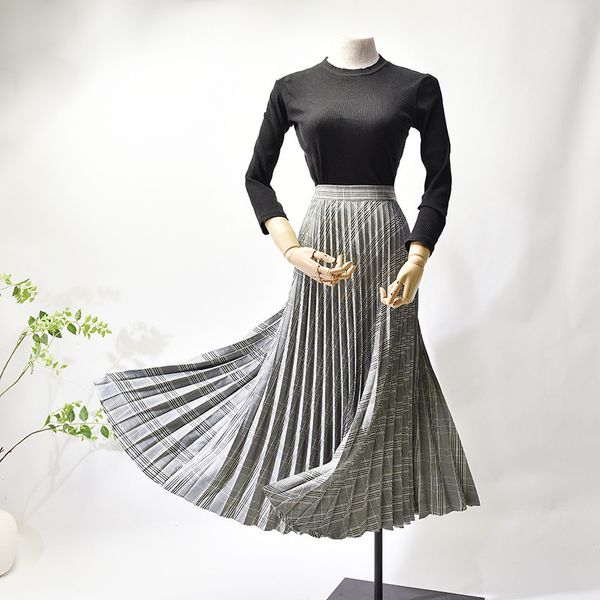 

sheblingbling zipper side high waist pleated skirt autumn winter long skirts women casual swing maxi skirt ankle length skirts y1214, Black