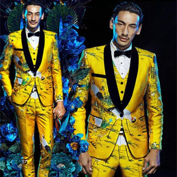 

fashion brand men suits gold floral male blazers slim fit groom wedding prom singer stage business male tuxedo jacket+pants+vest, White;black