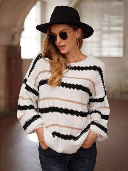 

women's sweaters fashion o- neck patchwork striped lantern sleeve knitted sweate casual loose large size pullovers fall/winter, White;black