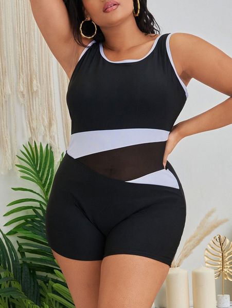 

plus color block mesh insert one piece swimsuit 85ux#, Black