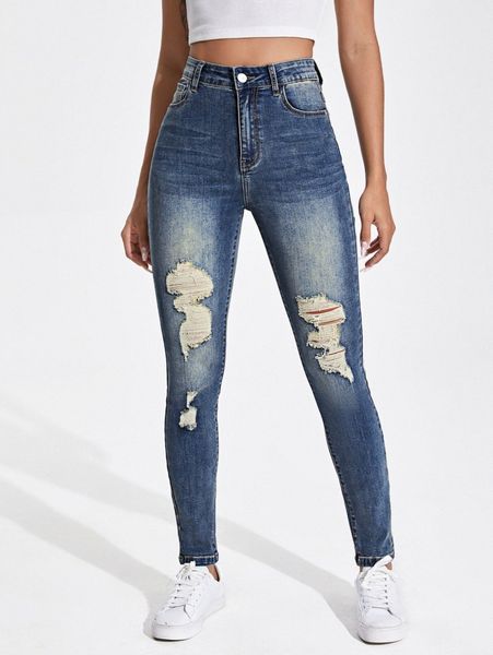 

curvy high waist ripped skinny jeans x4z8#, Blue