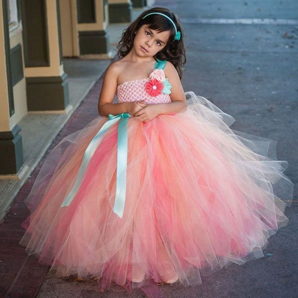 

lovely pink flower girls dresses one shoulder tutu fluffy tulle girl pageant gowns hand made flowers floor length birthday party dress, White;blue