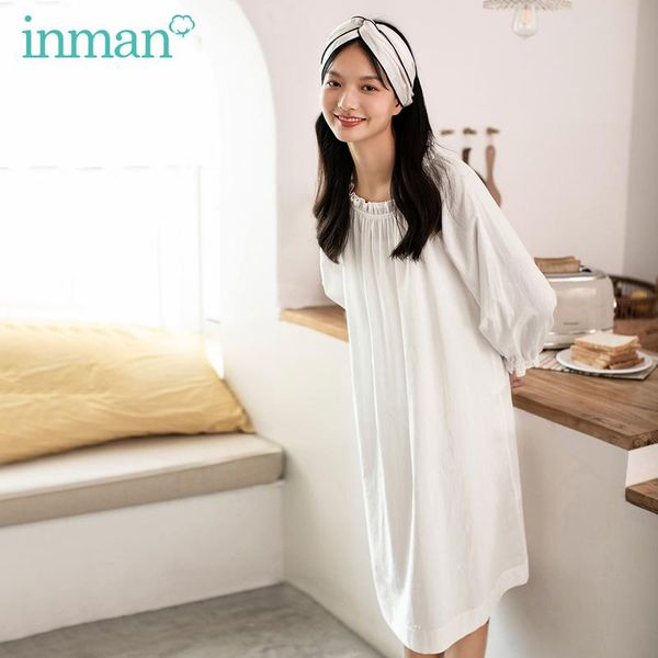 

inman 2021 autumn new arrival pajamas home wear cotton long sleeve loose round collar white nightdress outing lovely girl women, Black;red
