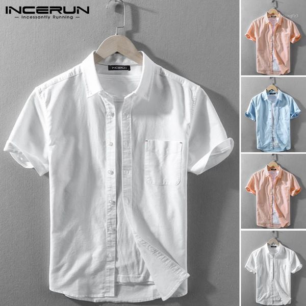 

men's casual shirts incerun 2021 men shirt short sleeve solid color lapel streetwear brand button basic harajuku camisas summer1, White;black