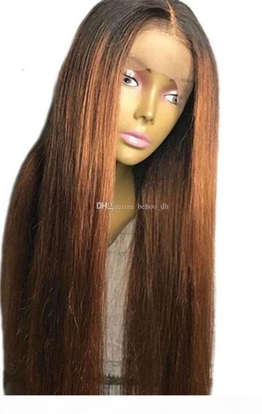 

glueless full lace human hair wigs ombre two tone t1b 30 silky straight brazilian virgin hair 150 density bleached knots lace front wigs, Black;brown