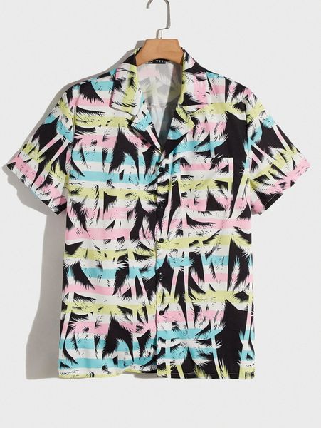 

romwe guys tropical graphic button front pocket shirt 81mc#, White;black