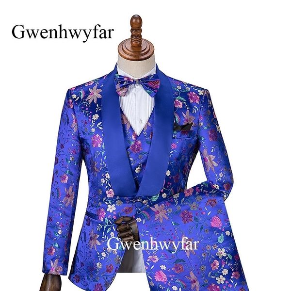 Gwenhwyfar Benzersiz Deniz Yıldızı Çiçek Desen Erkekler Suits Kraliyet Mavi Yaka Damat Balo Parti 3 Parça Kostüm Evlilik Homme Erkek Smokin 201105