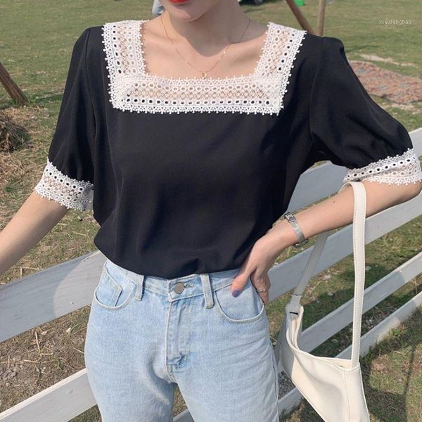 

2020 hollow out lace trim for ladies sweet fashion square collar short sleeve shirt retro style solid color chiffon blouse1, White
