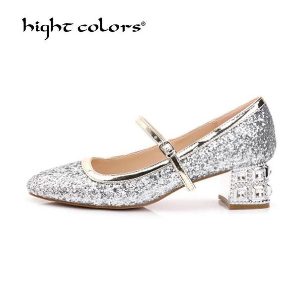 

34~40 size new spring 2021 autumn thick high heel wedding pumps rhinestone silver sequin crystal party shoes c106-2, Black