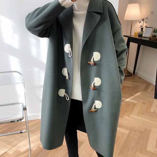 

autumn women's pocket new fashion long woolen coat slim type solid winter jackets female outwear, Black