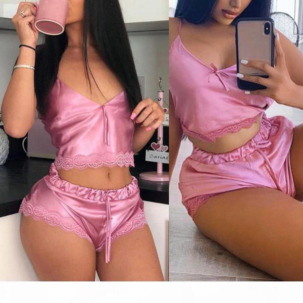 

women summer lace sleepwear v neck vest waist drawstring shorts pajamas set perfect gifts for women underwear, Black;brown