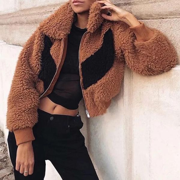 

jane deiune new autumn winter women patchwork lamb wool jacket lady warm turn down collar zipper thicken coat casual outwear1, Black