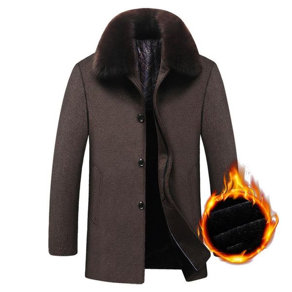 

long coat winter woolen men fleece thick detachable large fur collar wool coat autumn windbreaker casual jacket mens clothing, Black