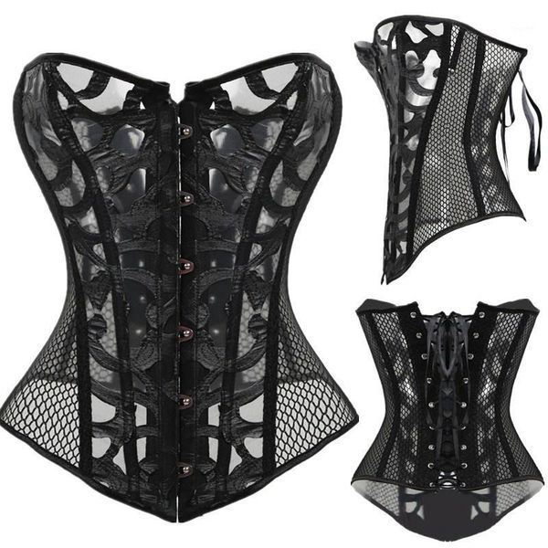 

plus size 6xl mesh corsets and bustiers elastic plastic bone net hollow out underwear clothing corset body shapewear black1, Black;white