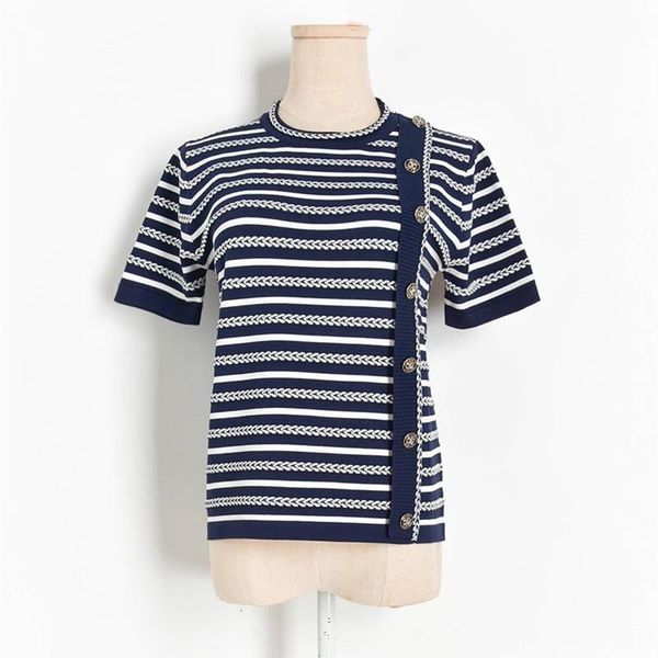 

brand striped designer knitted pullovers for women o neck contrast color stripe side button knitted sweater, White;black