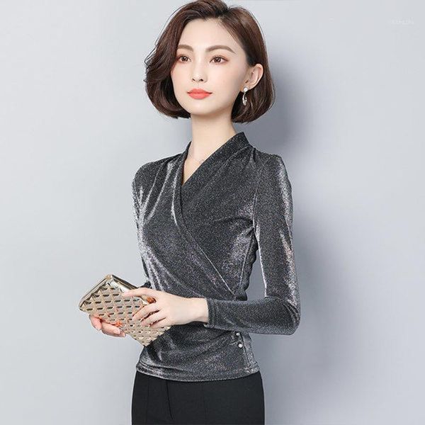 

elegant women's autumn lace shirts women's casual long sleeve v-neck fashion blouses sequin temperament slim dd82821, White