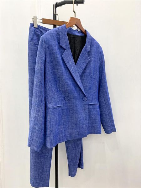 

women blue blazer or long pants suit linen-blend long sleeve notched lady office wear coat trousers business set1, White