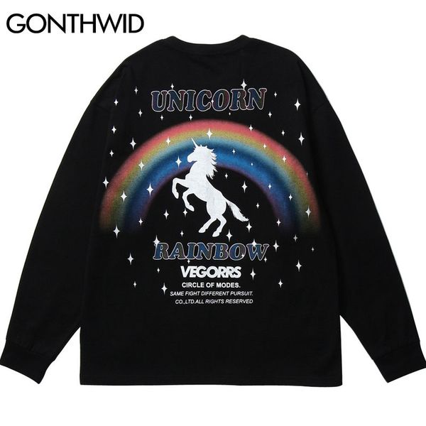 

creatvie rainbow unicorn print long sleeve tshirts harajuku hip hop casual streetwear tees shirts mens loose kg-448, White;black