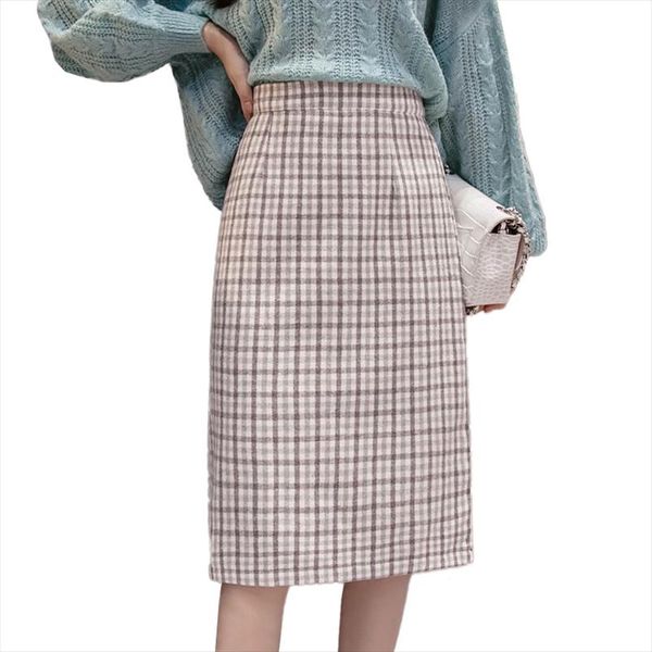 

women wool skirts winter 2020 vintage woolen plaid elegant slit skirt high waist a line female midi skirts autumn mujer faldas, Black