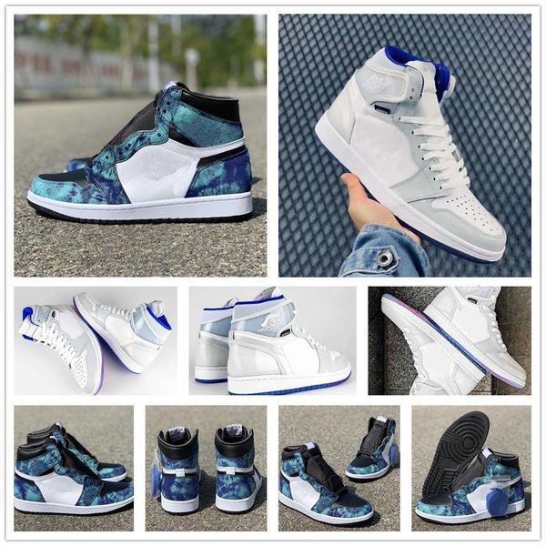 

r2t new 1 high og zoom tie dye mens basketball shoes white grey racer blue 1s wmns r2t nylon women unc jumpman sports sneakers trainers, Black