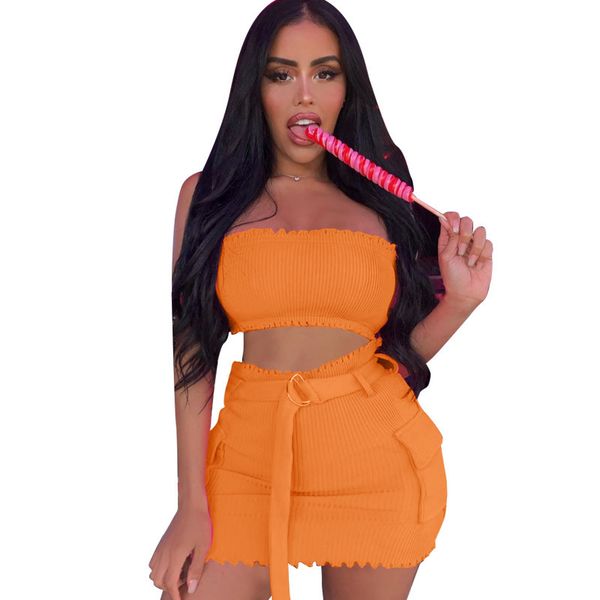 

solid color 2 piece skirt crop set lady outfits summer fashion woman slash neck off shoulder sashes pocket mini skirt sets t200702, White