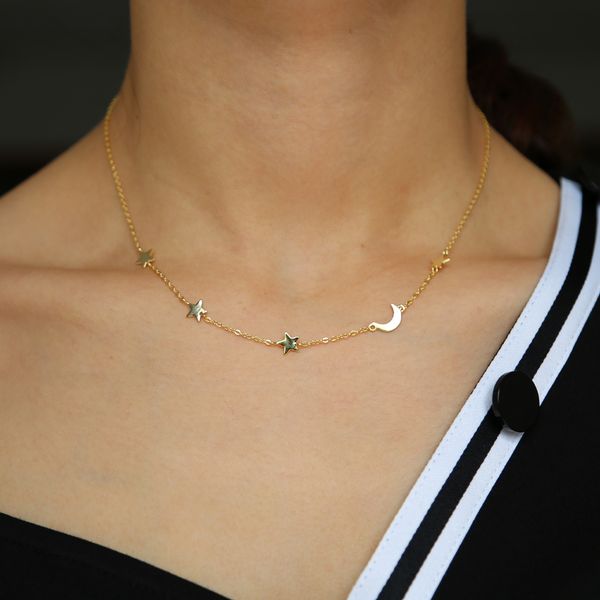 925 Sterling Silver Moon Star NecklacesCrm Corrente cheia de ouro Minimal Plain Colares Jóias Collar Colar Q0531