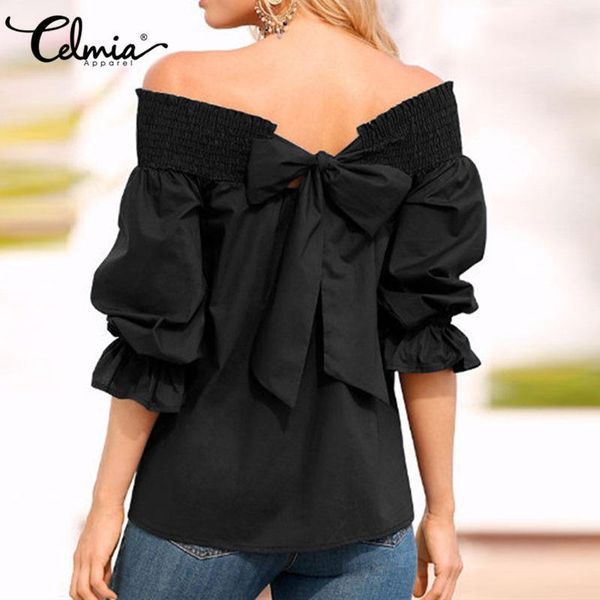 

women bowknot slash neck shirts women fashion blouses 2020 summer off shoulder casual loose solid party blusas femme1, White