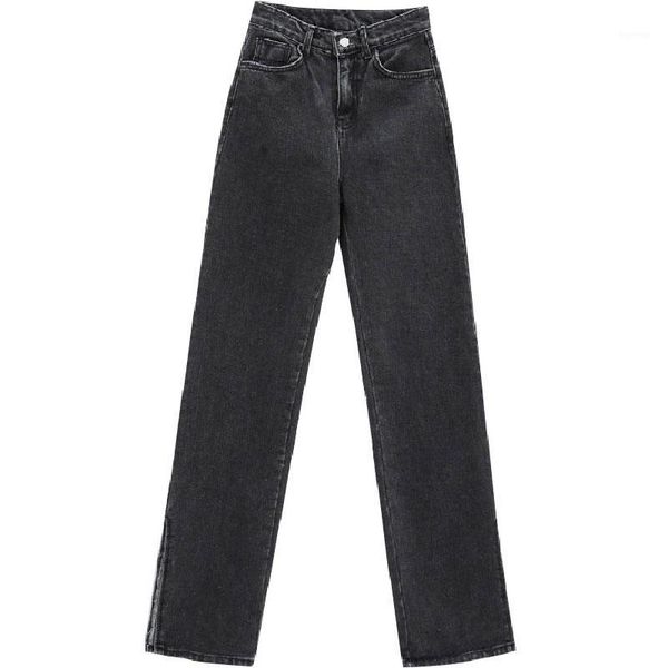 

black cotton jeans for women korean fashion long denim pants splits at hem1, Blue