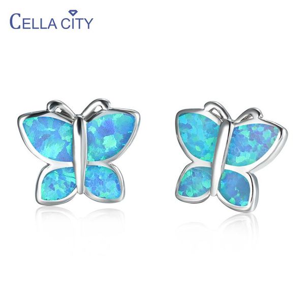 

cellacity classic 925 sterling silver earrings for charm lady with butterfly shape blue opal gemstone women party gift wholesale, Golden;silver