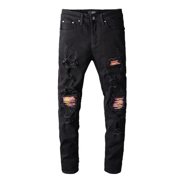 

mens jeans #608 distressed motorcycle biker jeans slim ripped hole stripe famous denim men pants jeans, Blue