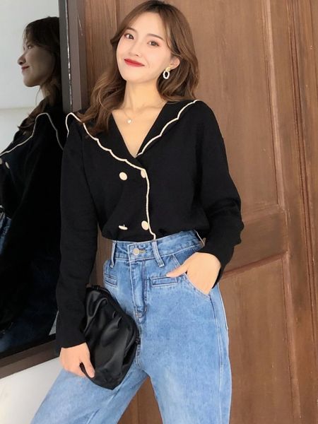 

nmkwt xu da qing gentle lazy navy sweatert-shirt sweaterwind t-shirt collar sweater double breasted loose long sleeve nvqiu fxoio, White;black