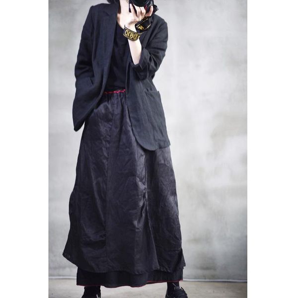 

skirts women ramie spring summer patchwork ladies elastic waist spliced skirt female 2021, Black