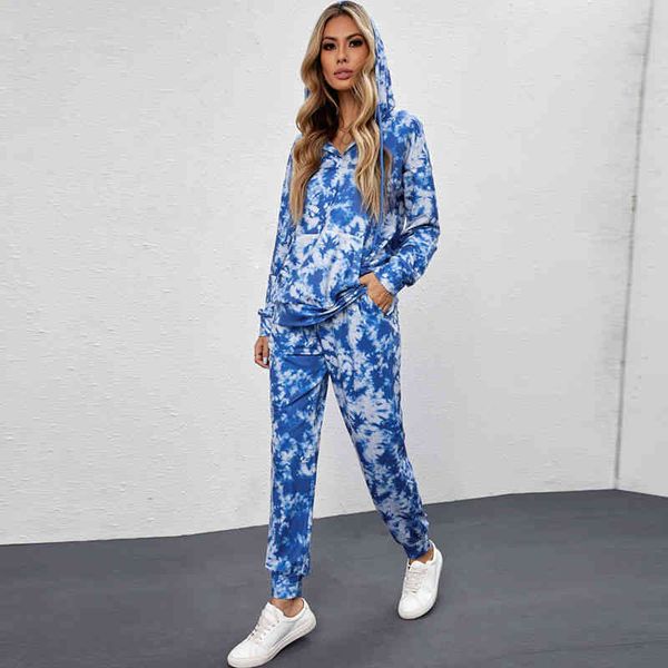 

shiying autumn and winter home clothes new hooded long sleeved long pants suit pocket tie dye fashion pajamas, Black;red