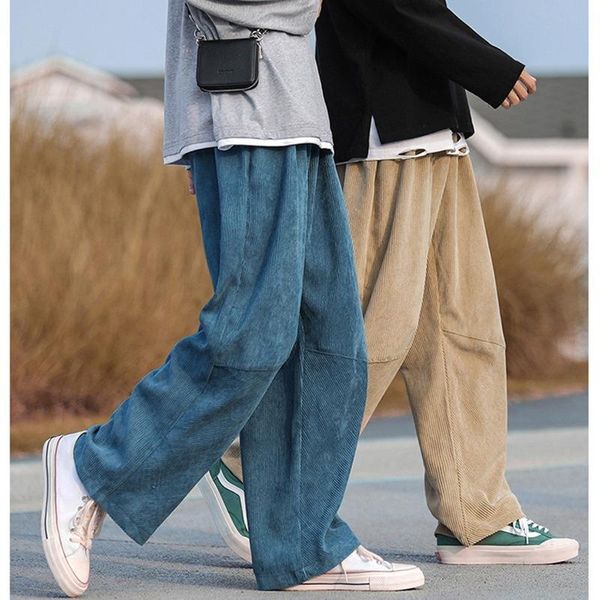 

trendy wide-legged straight leg corduroy men's casual pants blue japanese loose mopping trousers autumn men's clothing, Black