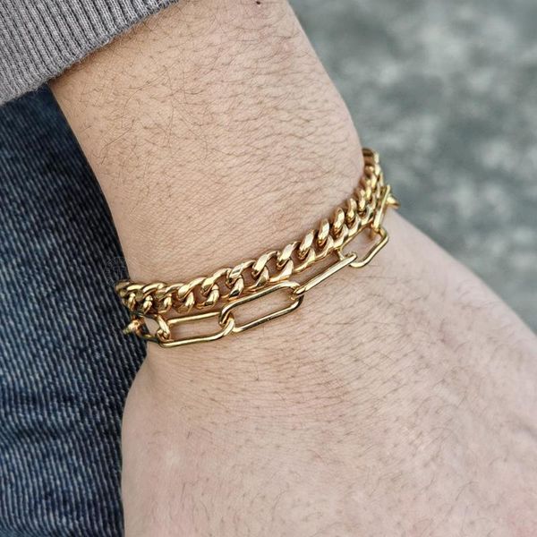 

double layered bracelet for men women gold color stainless steel box rolo curb link chain bracelets unique toggle clasp ltbs022, Black