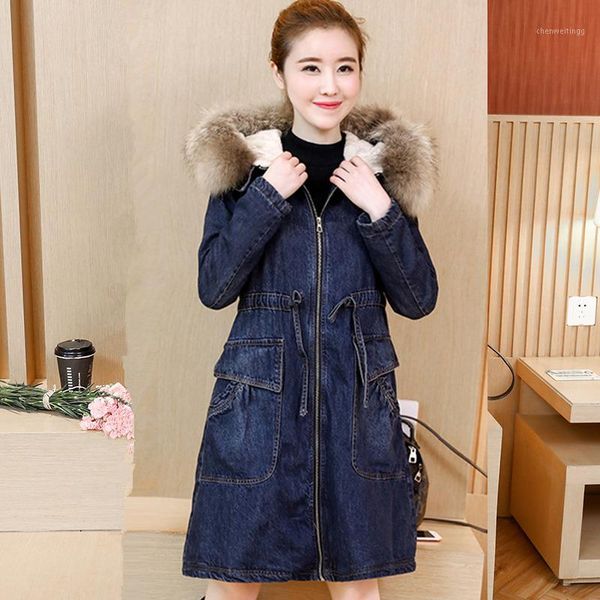 

women parkas coat denim jacket winter 2019 fashion warm thicken plus velvet overcoat fur collar hooded jeans outerwear female1, Black