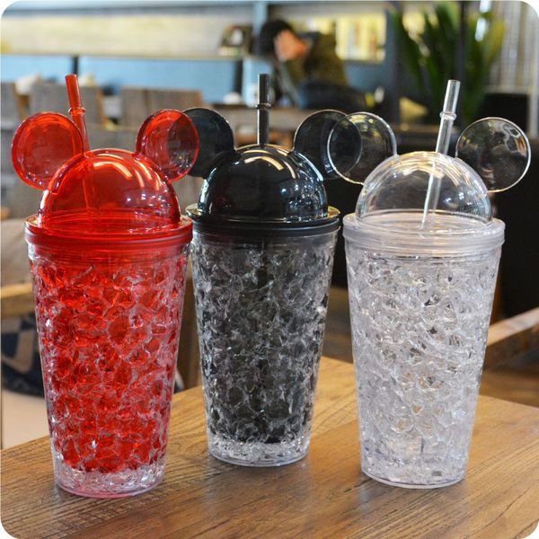 

fashion double straw ice boles cartoon big ears mouse cute summer cold drinks plastic iced milk juice coffee drinkware