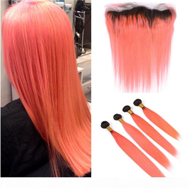 

ombre orange human hair 4 bundles with frontal #1b orange dark roots ombre brazilian straight weaves human hair bundles with lace closure, Black;brown