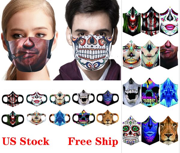 

ice printing halloween silk 3d face skull mask scary mask reusable washable anti dust mouth masks for party masquerad ma