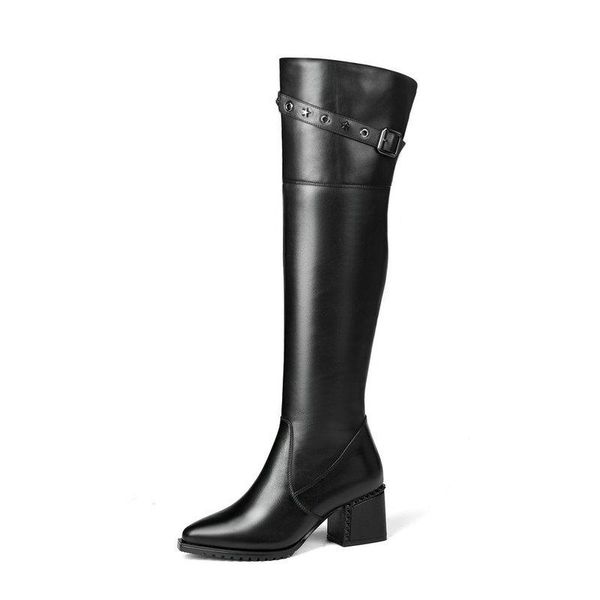 

cow leather women knee high boots round toe zip footwear low heels female motorcycle boot shoes woman winter 2020 new, Black