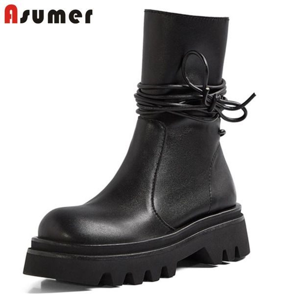 

boots asumer quality motorcycle women ankle autumn winter genuine leather shoes square heel platform casual woman, Black