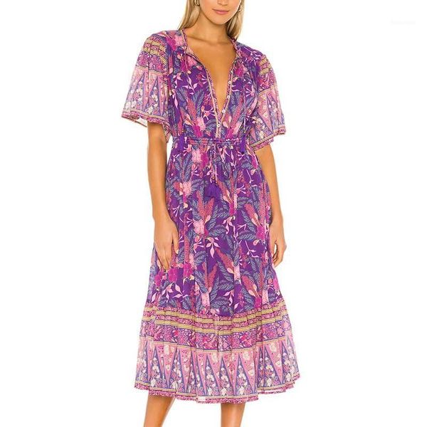

boho inspired buttercup dress purple floral long boho dress flare sleeve v-neck summer 2020 elastic waist tied women1, Black;gray