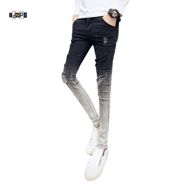 

idopy men`s fashion ripped jeans gradual color vintage hip hop street style slim fit stretch black white pants trousers for male1, Blue