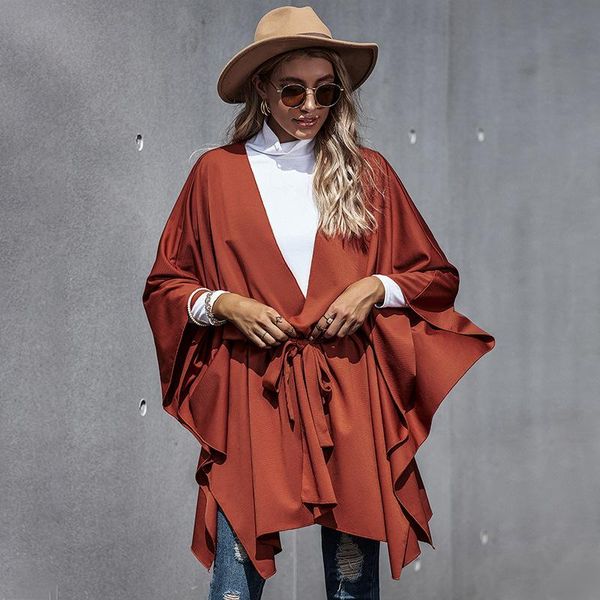 

autumn fashion batwing sleeve belt jacket women 2021 new solid v-neck cloak jacket oversize coat female casual, Black;brown