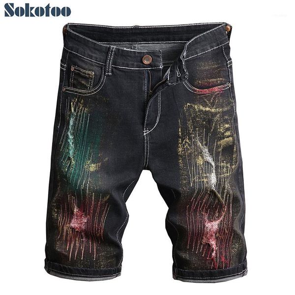 

men's fashion colored painted slim straight stretch denim shorts summer knee length black holes ripped jeans1, Blue