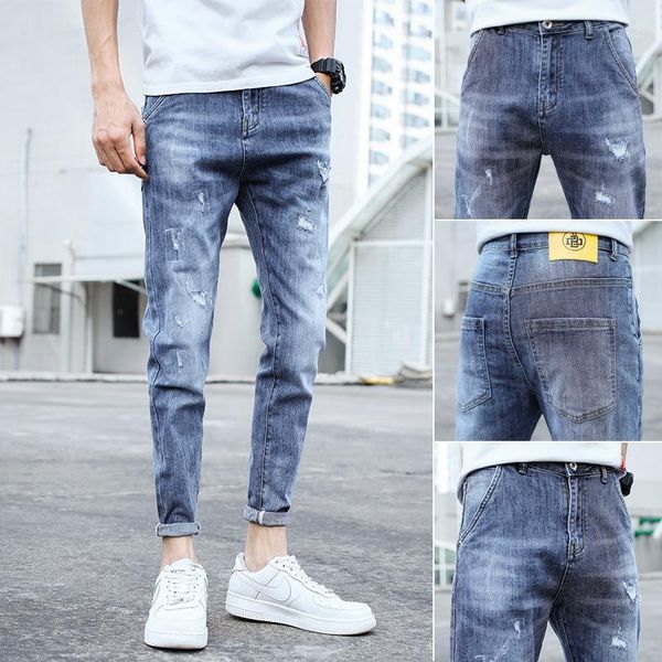 

men's jeans wholesale 2021 fashion denim men's summer thin korean elasticity slim feet broken holes casual brand pencil pants men1, Blue