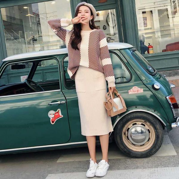 

2019 autumn winter knitted 2 piece set women thick striped loose sweater + pencil pocket skirts suit female midi two-pieces set1, White